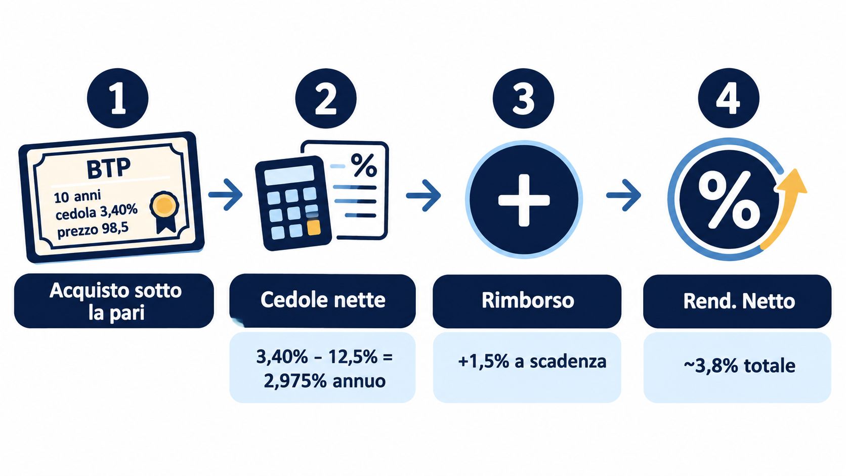 Infografica che illustra il calcolo del rendimento netto di un BTP acquistato sotto la pari.