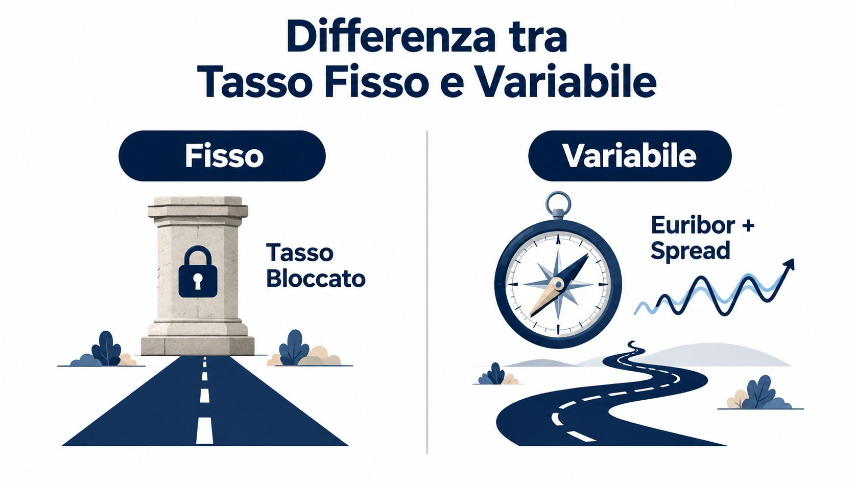 Grafico comparativo che illustra la differenza tra mutuo a tasso fisso e mutuo a tasso variabile.