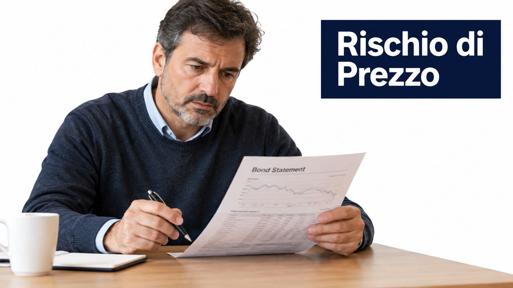 Un uomo di mezza età con lo sguardo pensieroso analizza attentamente un estratto conto obbligazionario in ufficio.