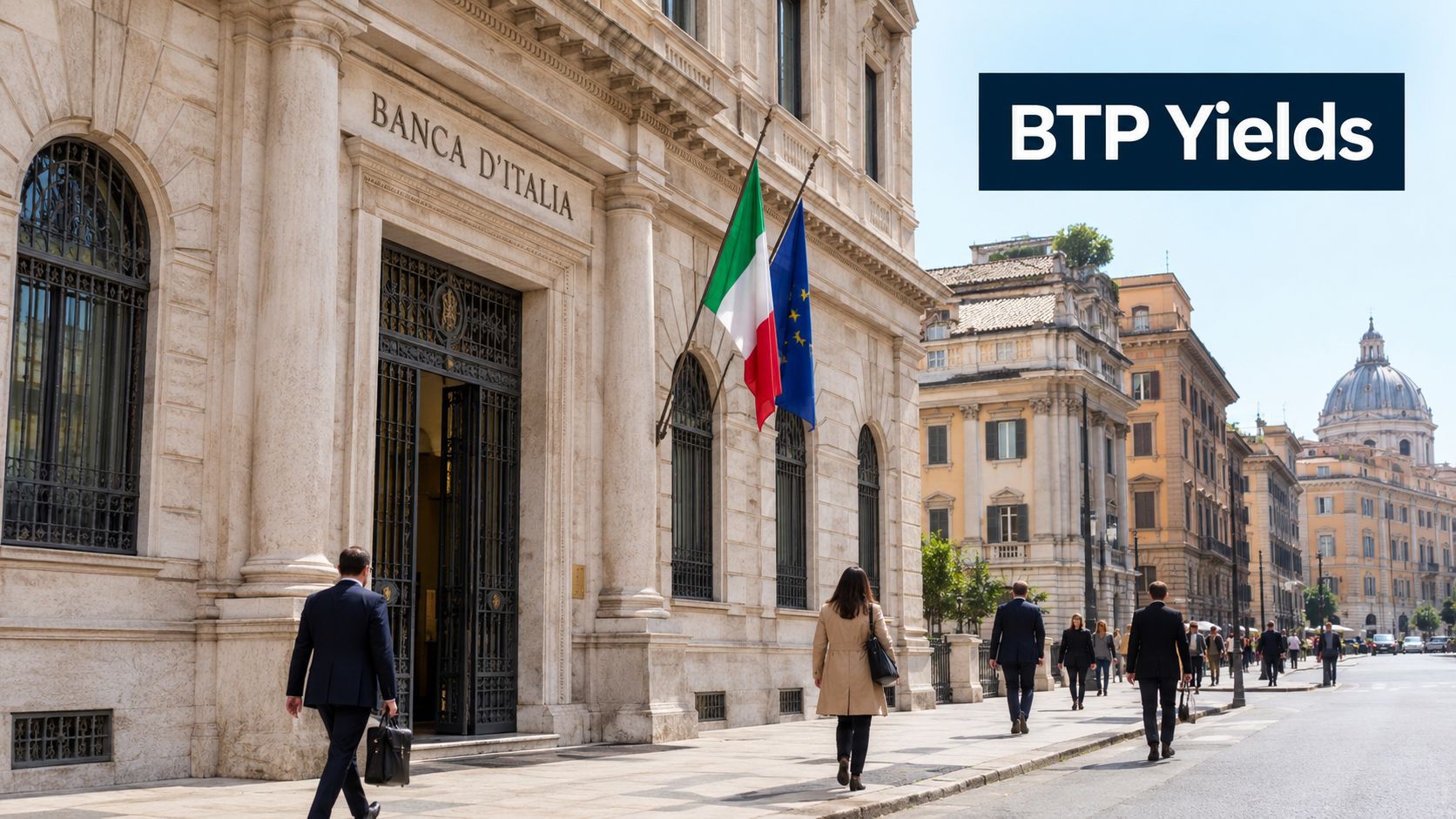 Persone che camminano davanti alla sede della Banca d'Italia a Roma con bandiere italiana ed europea.