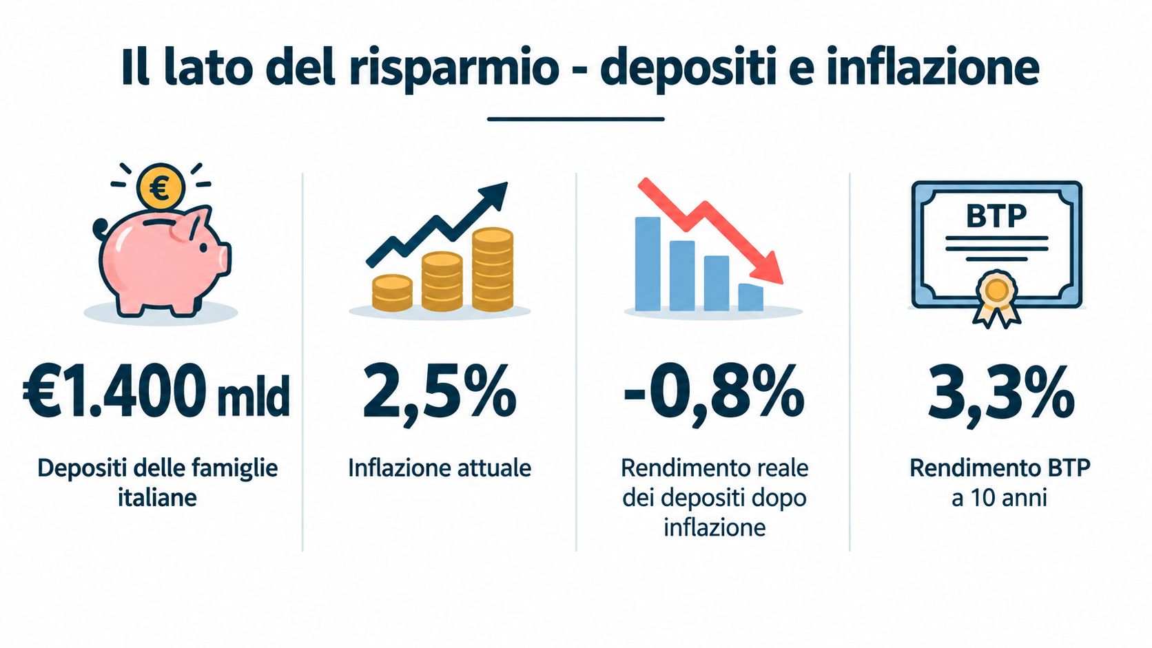 Infografica sui depositi bancari delle famiglie italiane, tassi di inflazione e rendimenti dei titoli BTP a dieci anni.