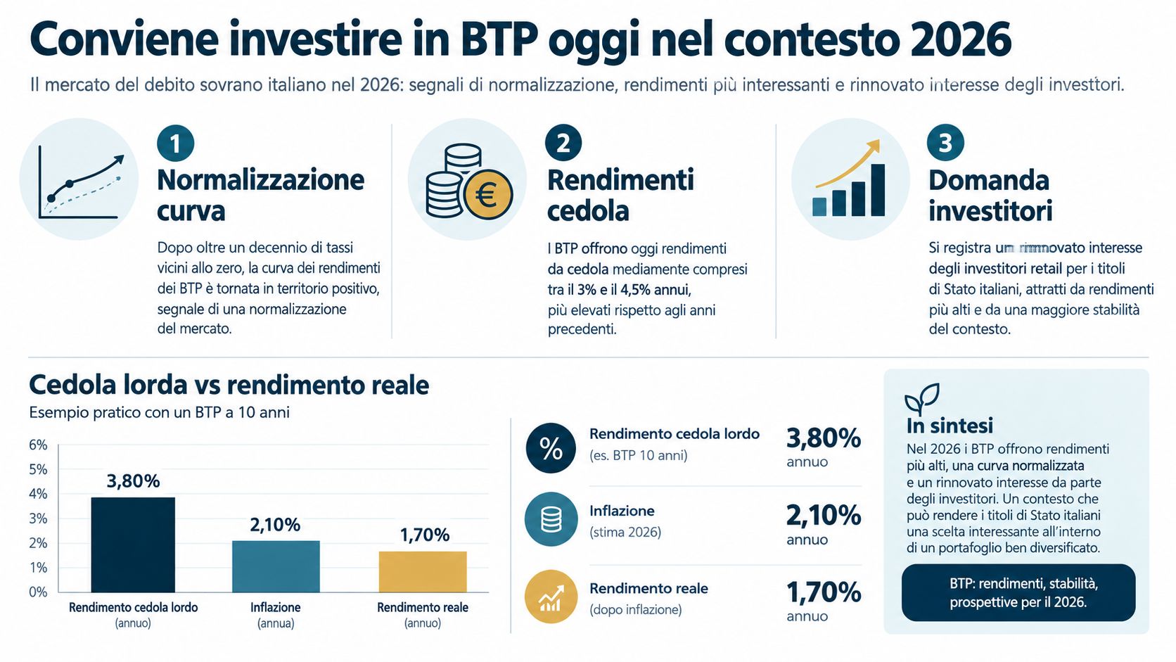 Infografica informativa sui vantaggi e rendimenti dell'investimento in titoli di Stato italiani BTP nel 2026.