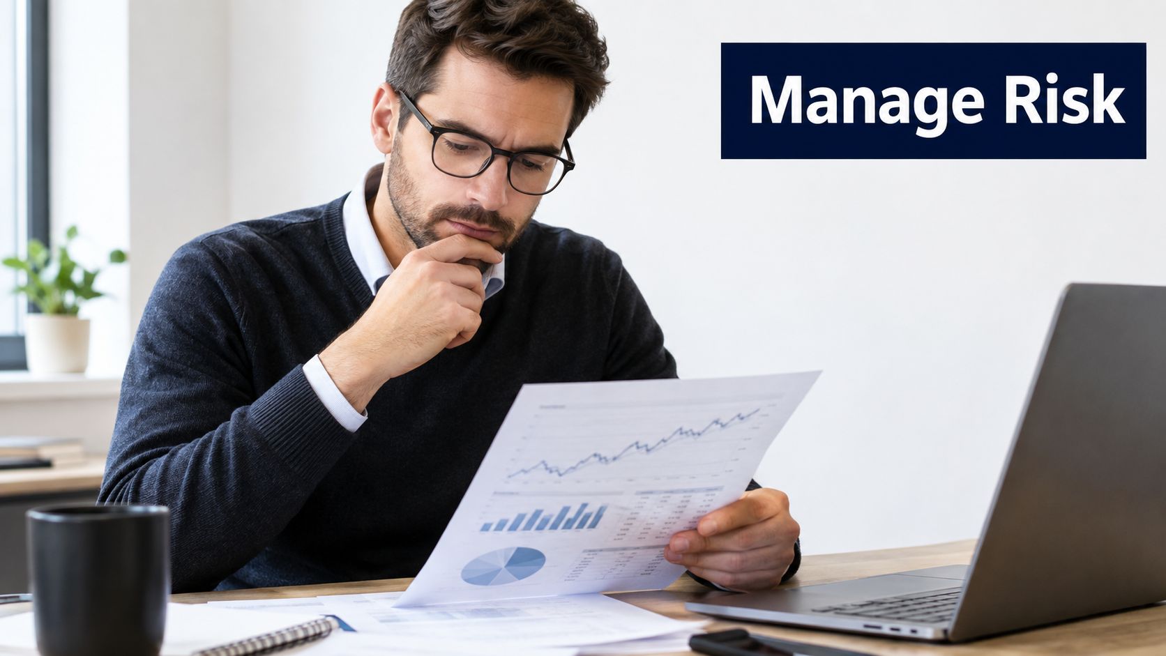 Un professionista esamina attentamente grafici finanziari e dati di investimento su documenti cartacei nel suo ufficio moderno.