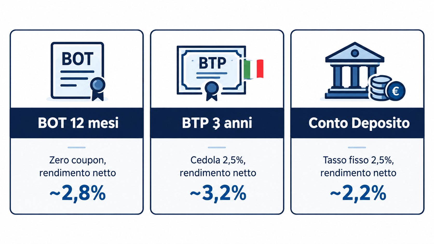 Confronto dei rendimenti netti tra BOT a 12 mesi, BTP a 3 anni e Conto Deposito.
