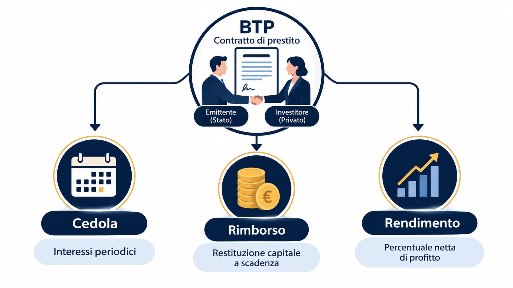 Diagramma esplicativo del funzionamento dei BTP con cedola, rimborso del capitale e rendimento netto finale.