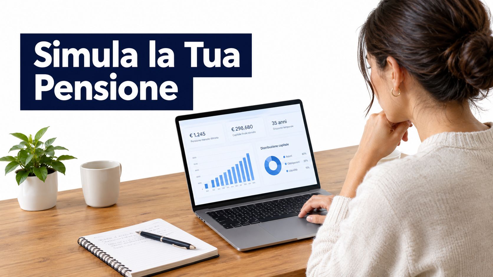 Una donna seduta alla scrivania guarda un laptop con una simulazione finanziaria per il calcolo della pensione.