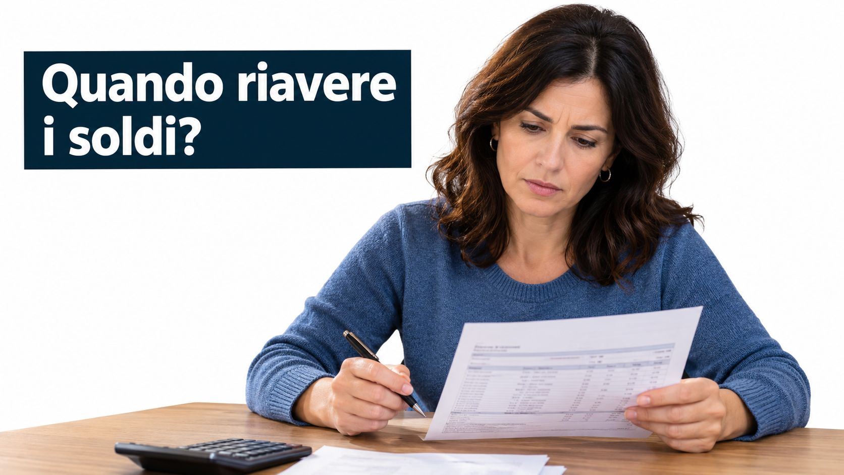 Una donna seduta a una scrivania analizza attentamente un documento cartaceo con una calcolatrice davanti a lei.