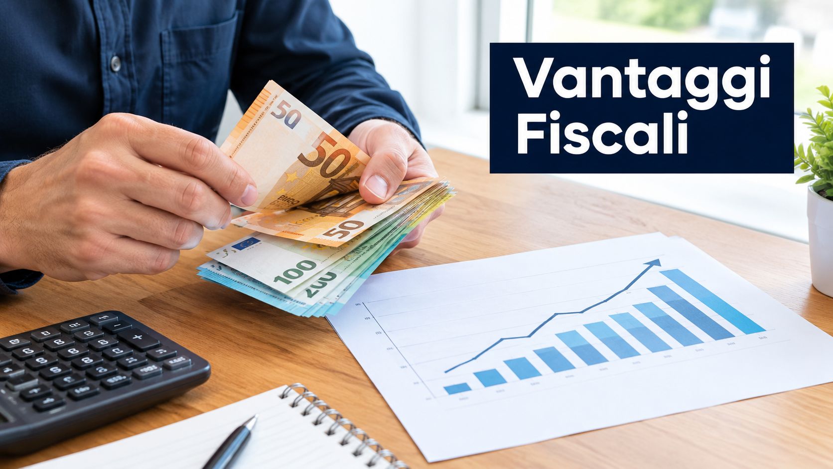 Una persona che conta banconote in euro vicino a un grafico di crescita su una scrivania