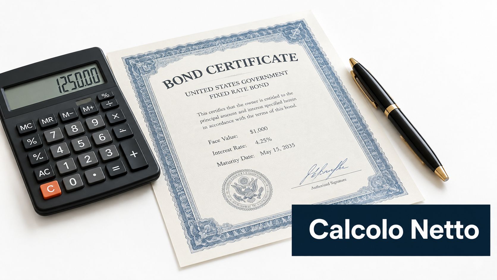 Un certificato di obbligazione governativa con calcolatrice e penna su una superficie bianca per il calcolo finanziario.