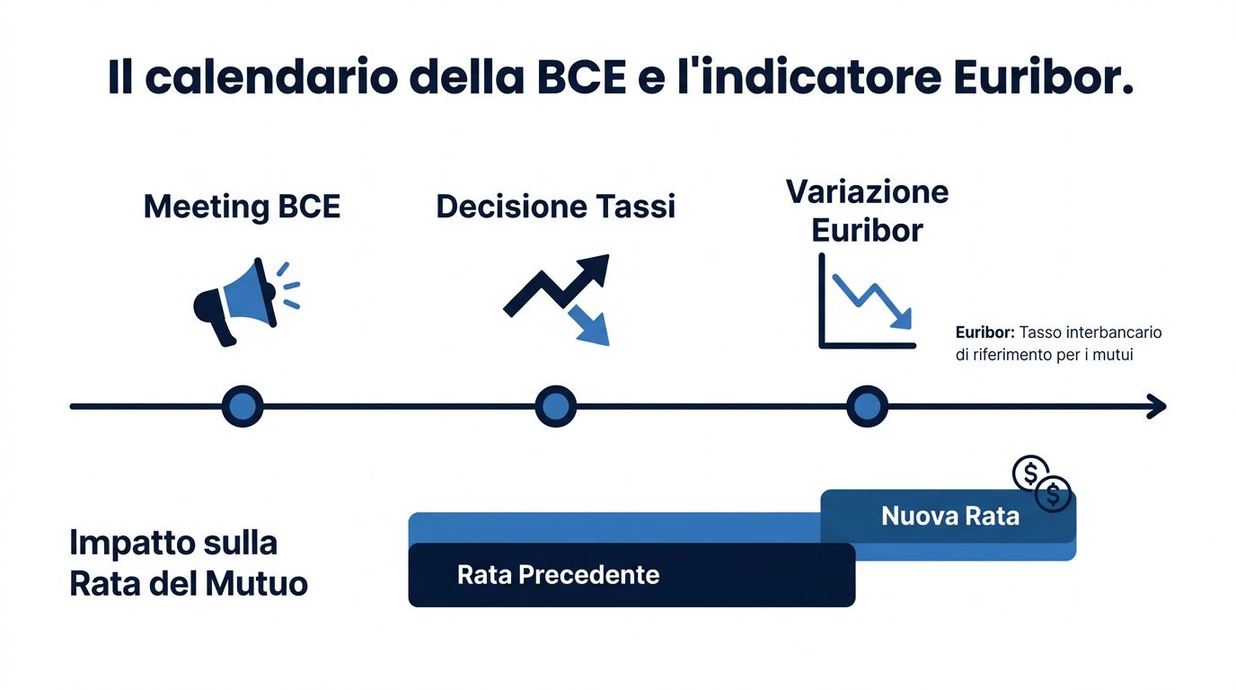 Schema illustrativo che mostra la relazione temporale tra le decisioni della BCE, l'Euribor e le rate del mutuo.