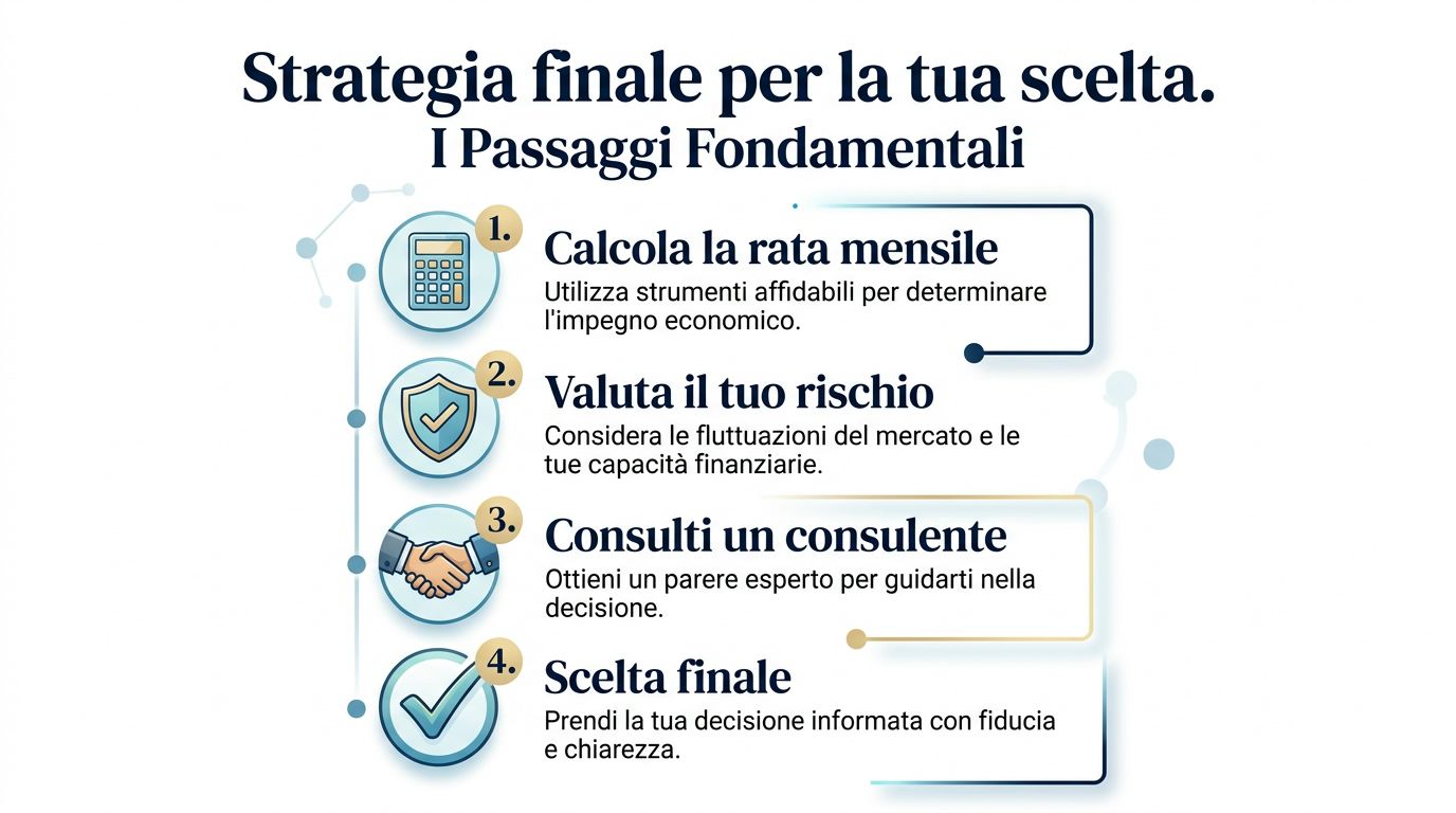 Infografica con quattro passaggi fondamentali per scegliere un mutuo tra tasso variabile o fisso con consapevolezza.