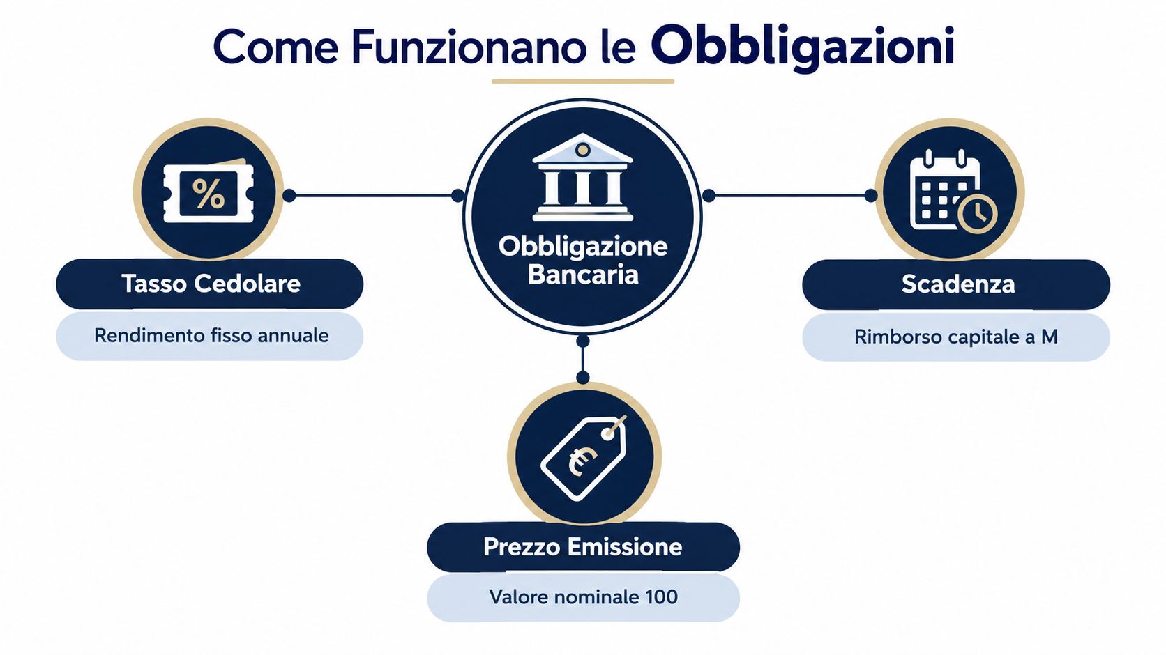 Diagramma esplicativo che illustra le componenti fondamentali delle obbligazioni bancarie come rendimento, scadenza e prezzo di emissione.