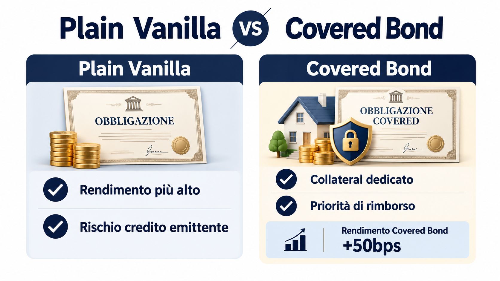 Confronto grafico tra obbligazioni plain vanilla e covered bond con indicazioni su rendimento e rischio di credito.
