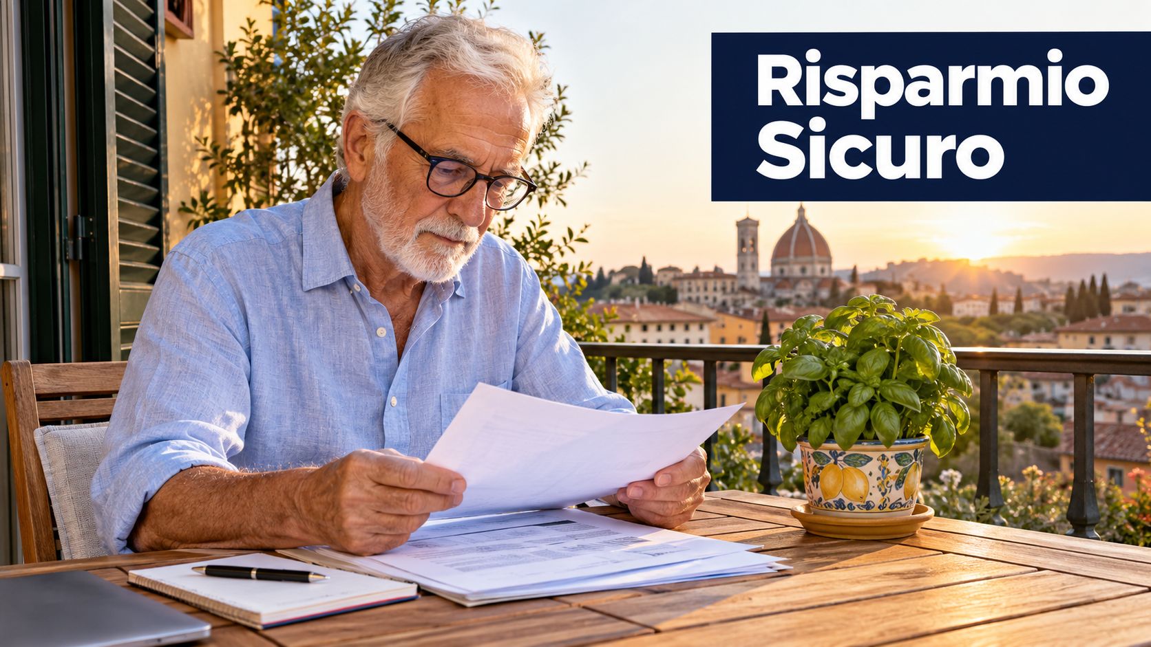 Un uomo anziano seduto a un tavolo su una terrazza legge documenti finanziari con il panorama di Firenze.